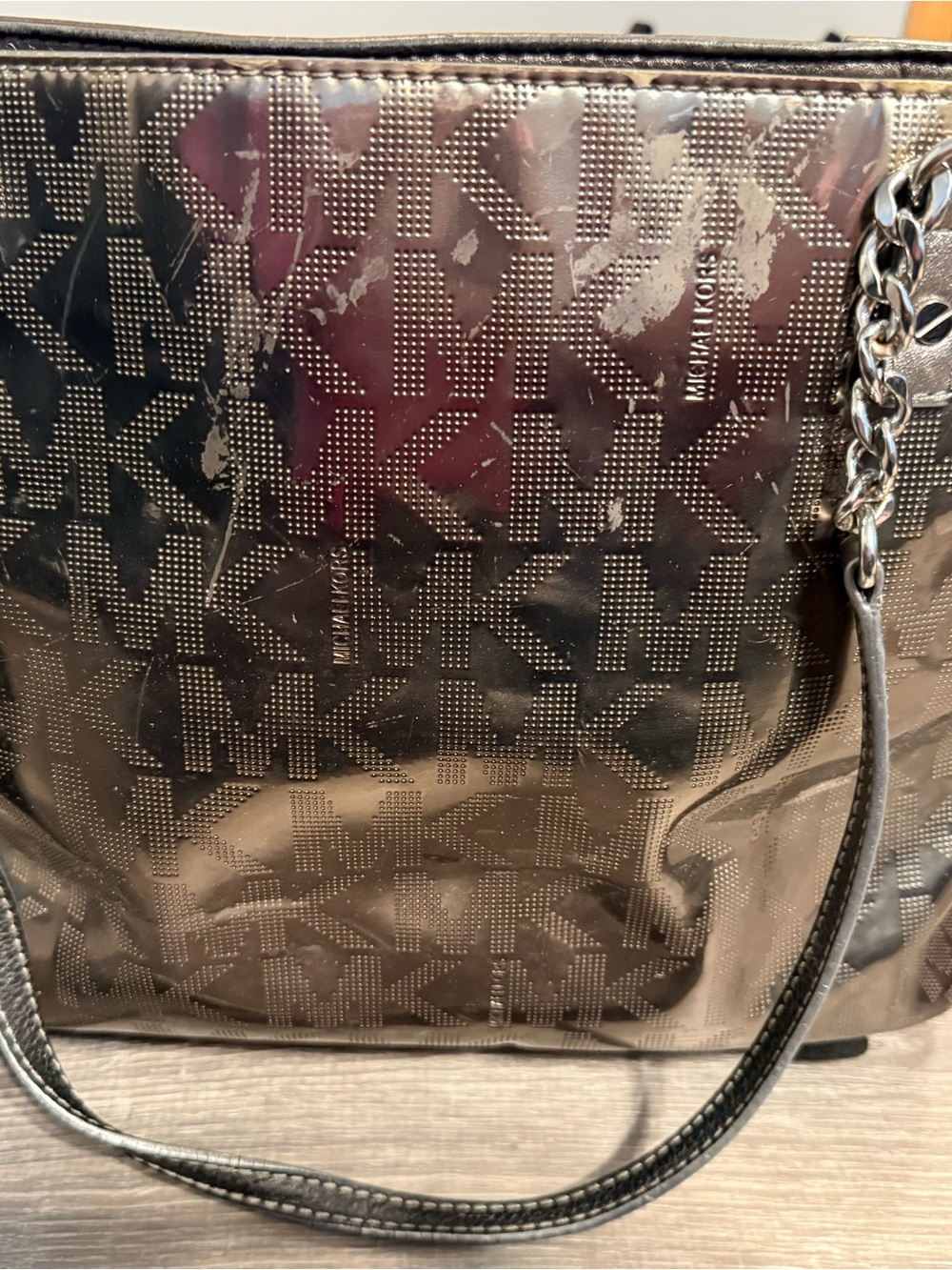 Michael Kors Metallic Bronze Logo Tote with Chain Straps